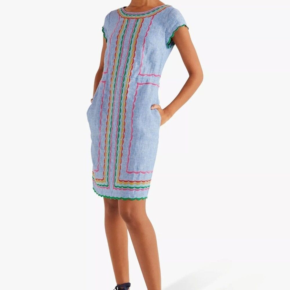 Boden 100% Linen Chambray Laura Embroidered Fiesta Folk Boho Summer Dress - Picture 2 of 13